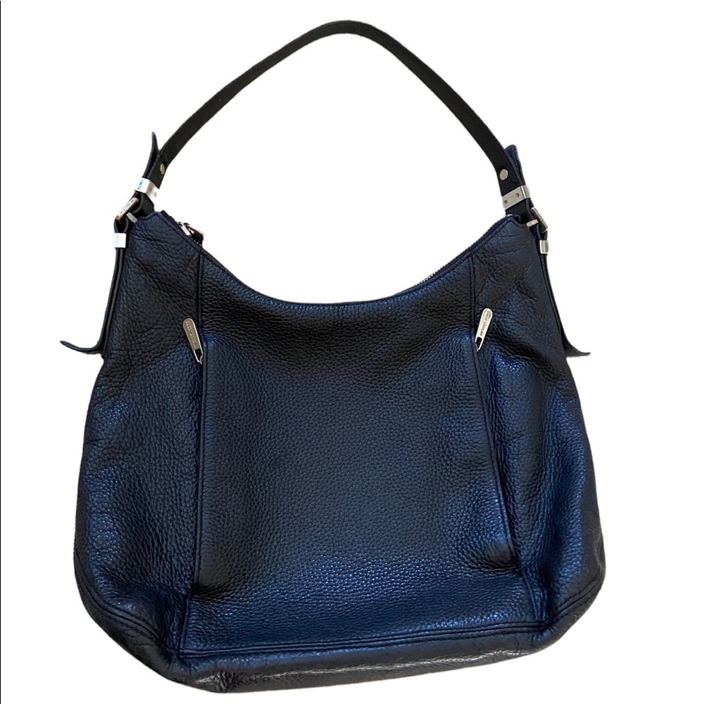 Michael Kors black leather shoulder bag, silver hardware logo on zipper, clean